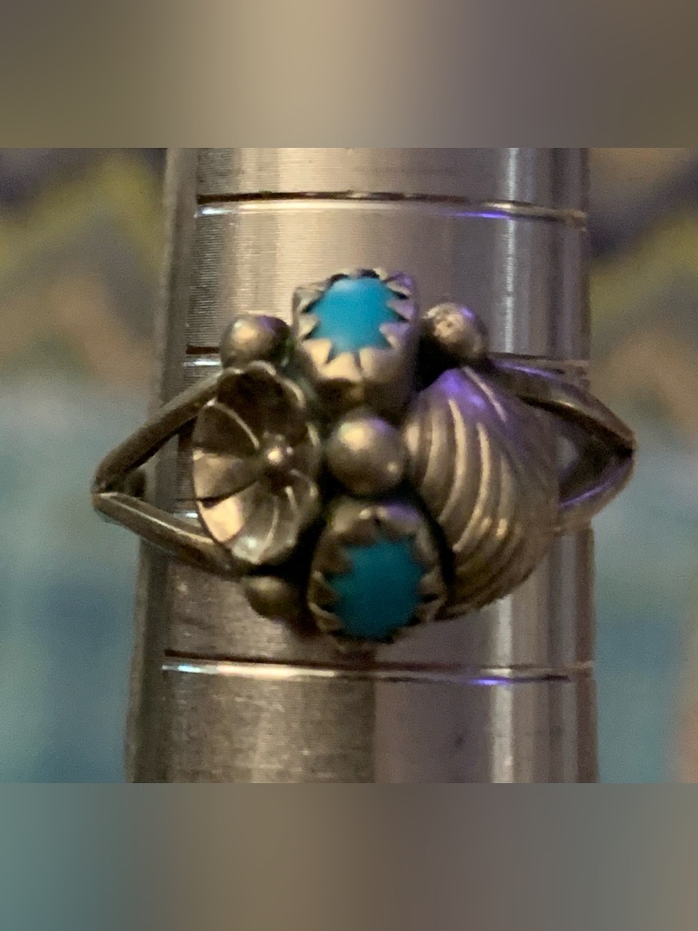 Vintage Navajo Turquoise Squash Blossom Ring Hallmark
